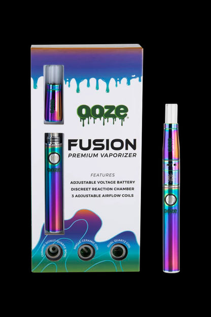 Ooze Fusion premium vaporizer packaging and device, featuring adjustable voltage and airflow coils.