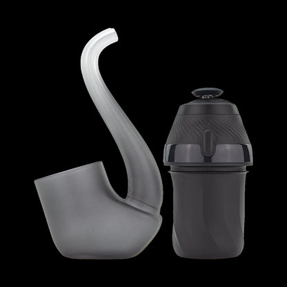 Close-up front view of the Puffco New Proxy Vaporizer showing the matte gray curved glass piece beside the black textured chamber against a black background