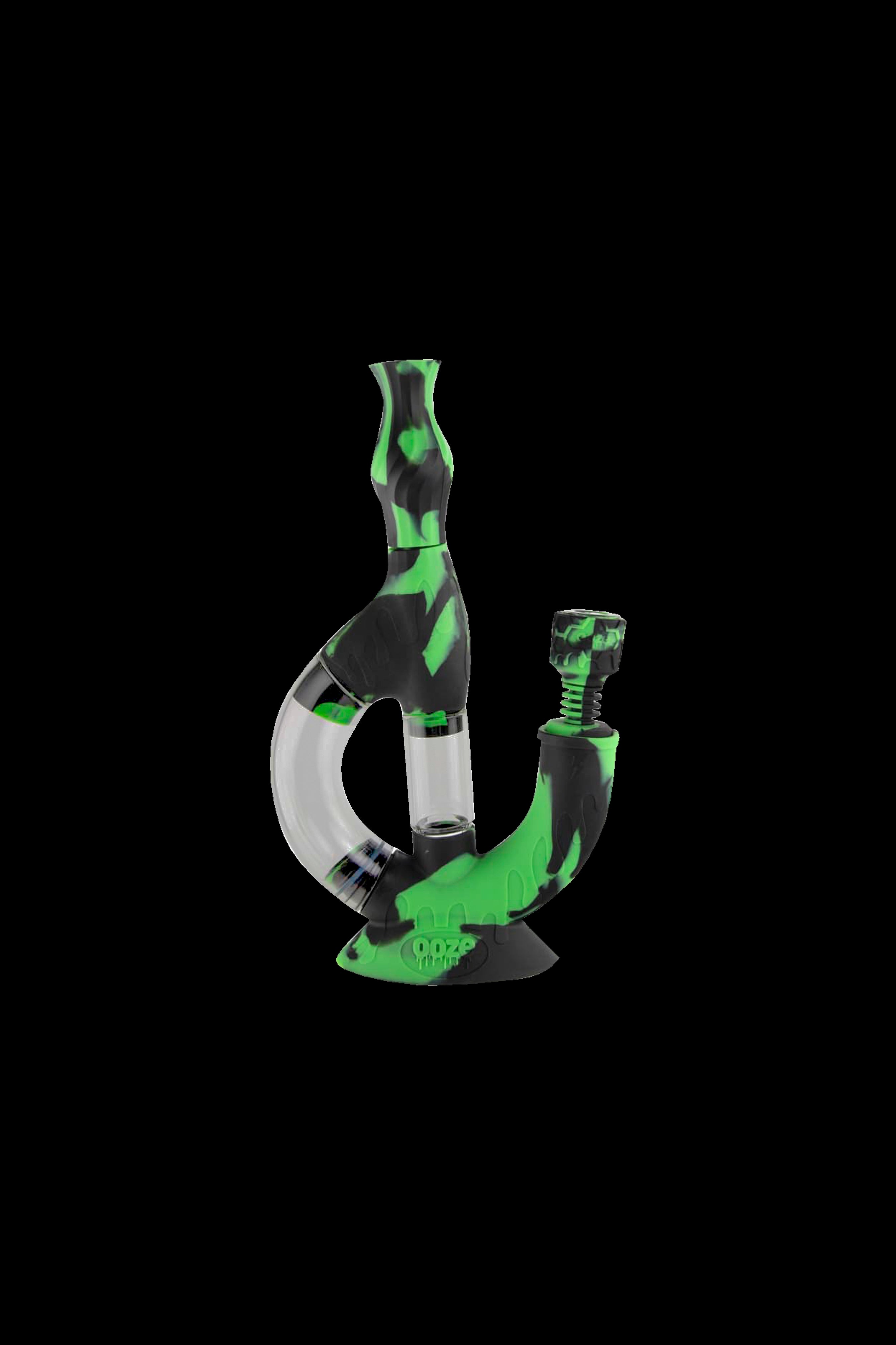 Green and black silicone water pipe, also known as a bong.