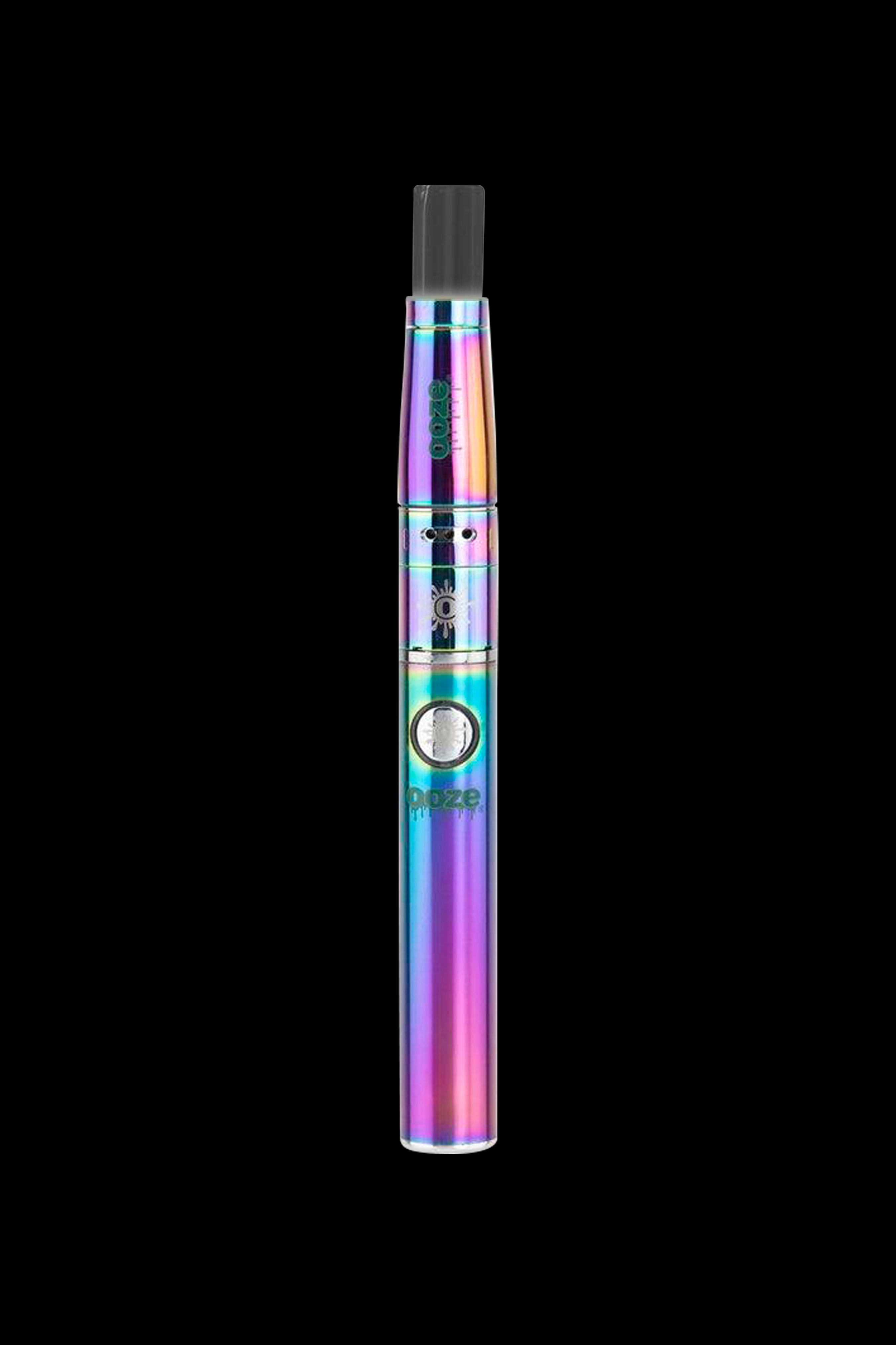 A sleek, silver Ooze Fusion Atomizer Vape Battery is shown in a close-up, studio-lit shot against a dark background.