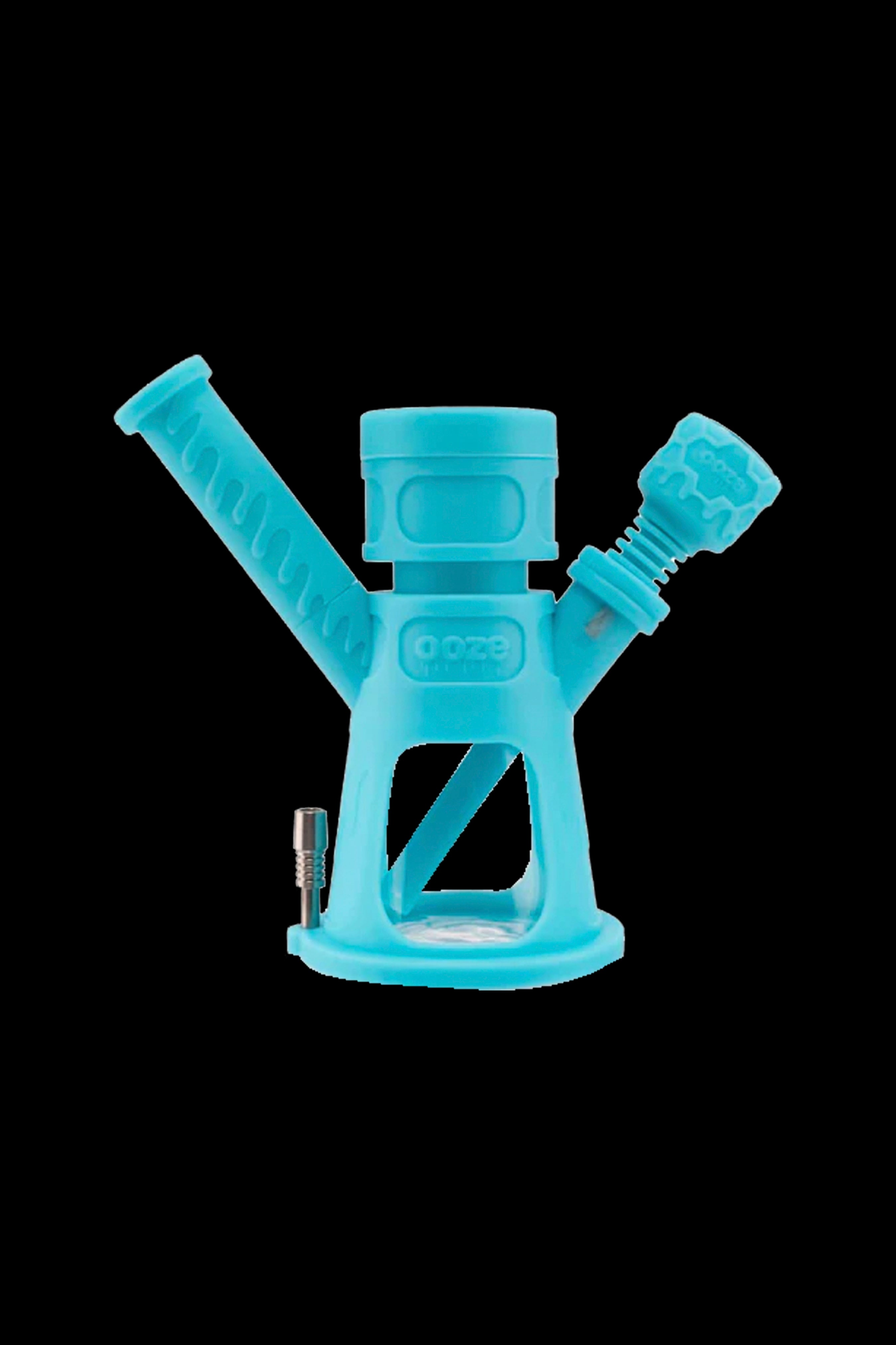 Blue silicone dab rig with coil and included nail.
