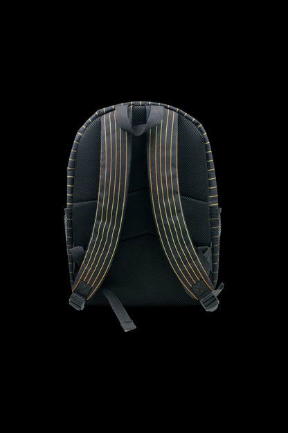 Black and orange cannabis accessories backpack with mesh back panel.