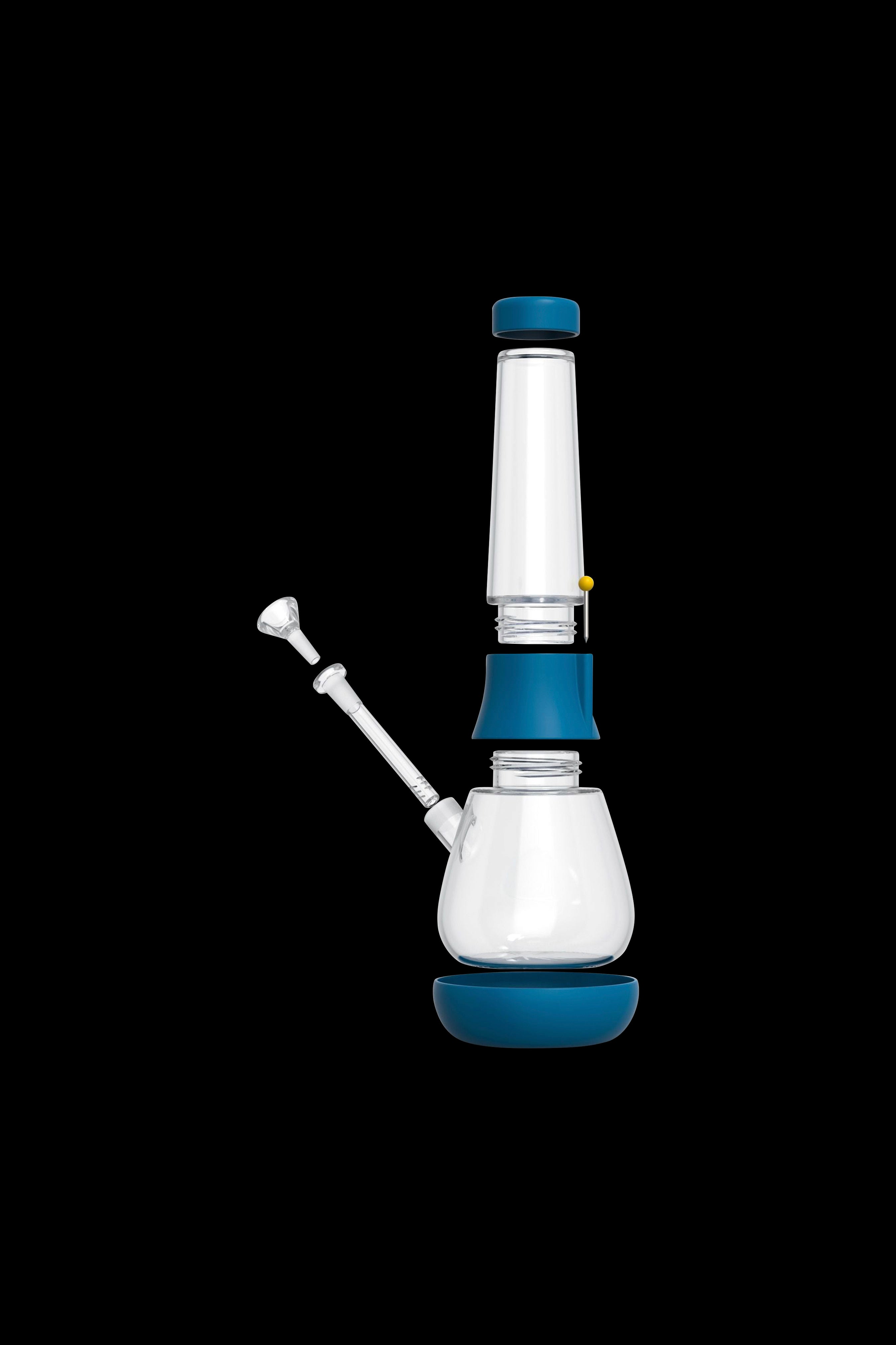 Frosted glass water pipe with blue accents, studio shot on a black background.