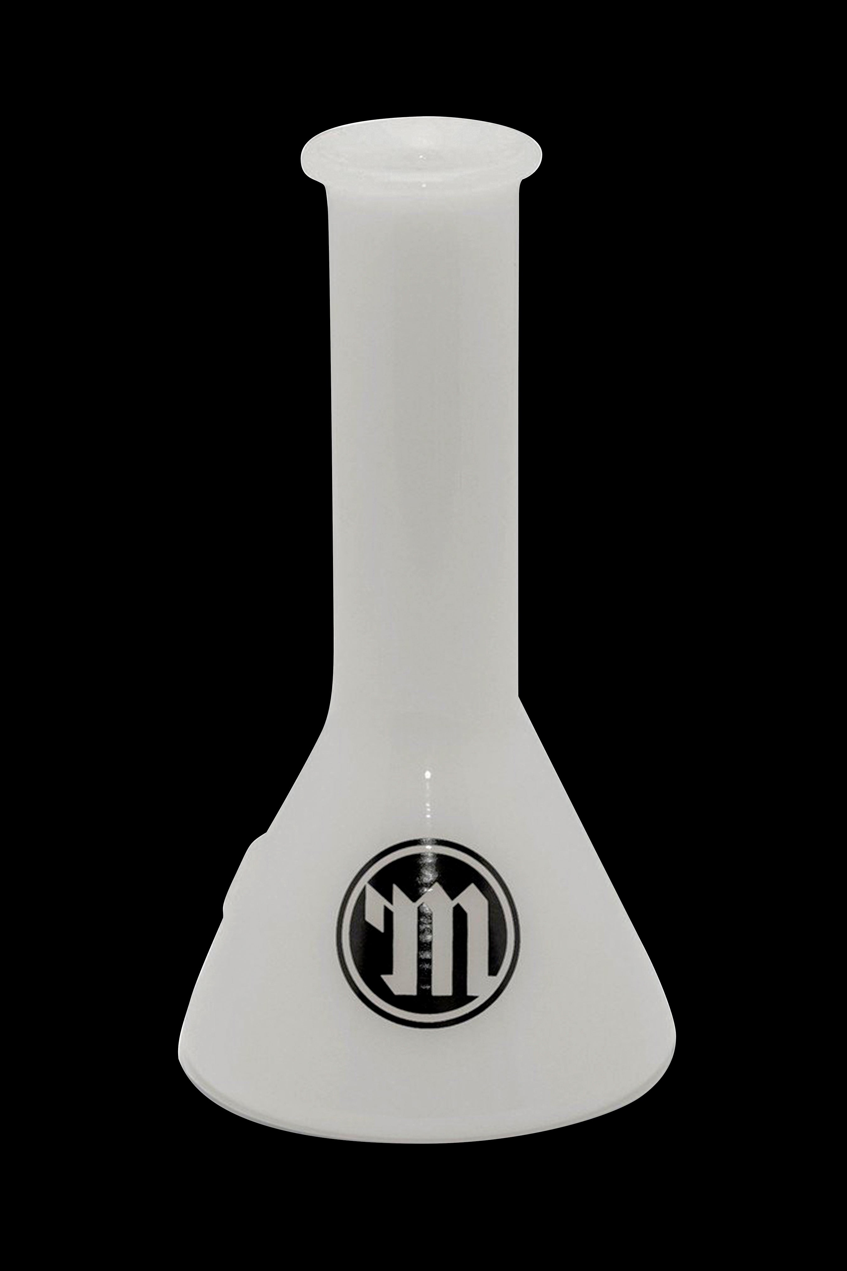 Glass beaker with a branded logo, likely for use with cannabis.
