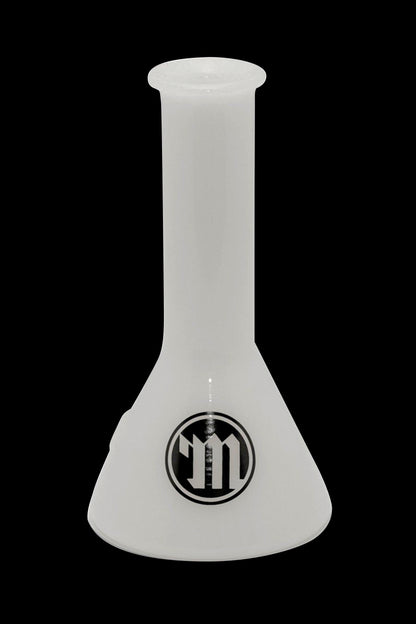 Glass beaker with a branded logo, likely for use with cannabis.