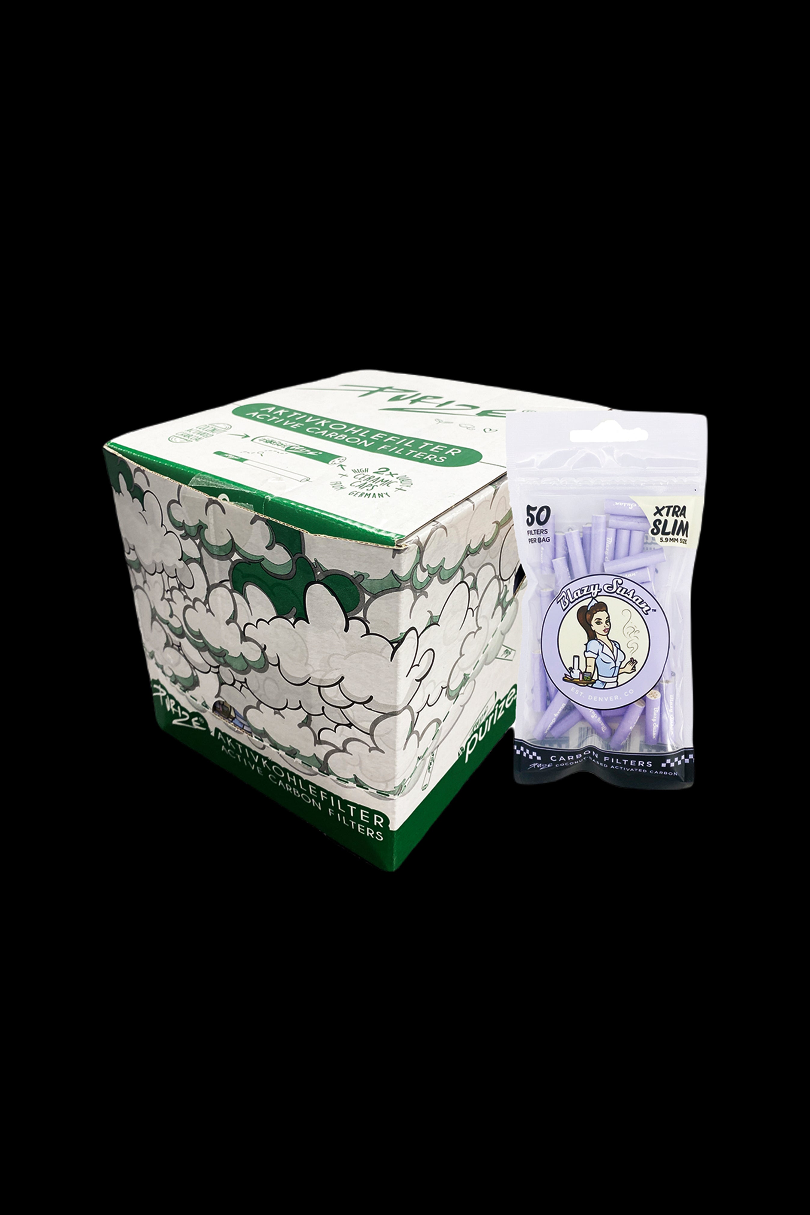 A green and white box of 50 carbon filters for smoking, with branding that includes a woman's illustration and the text "Blazy Susan."