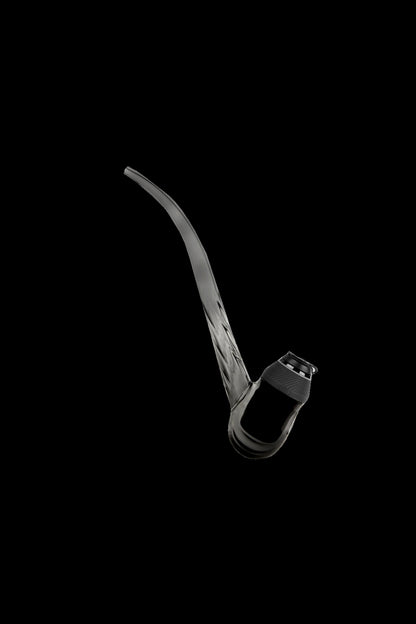 Angled close-up of the Puffco Proxy Wizard mouthpiece and curved glass stem against a black background