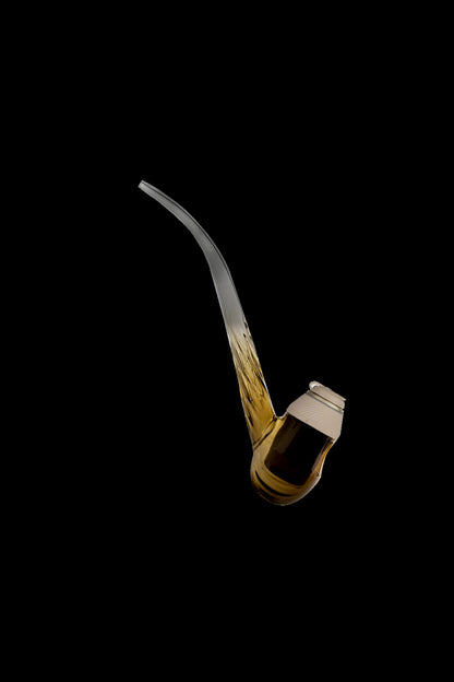Angled close-up of the Desert-tone Puffco Proxy Wizard mouthpiece and curved glass stem against a black background.