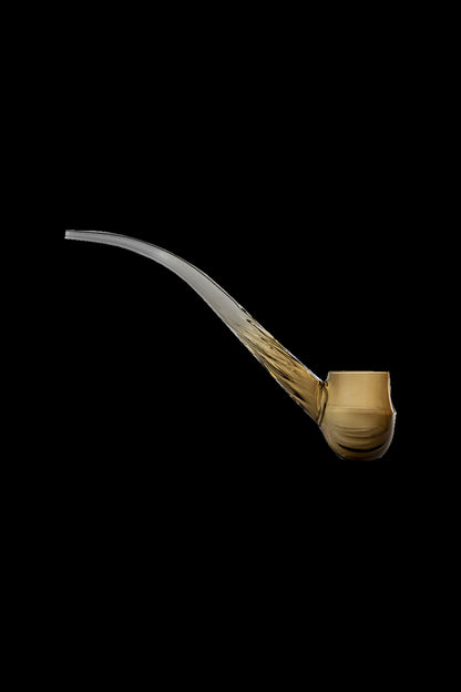 Side profile of a translucent amber glass mouthpiece and sweeping clear curved stem of the Puffco Proxy Wizard against a black background