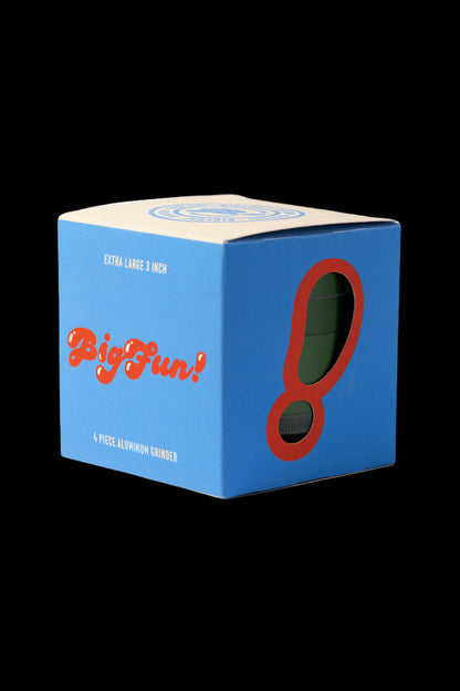 Blue cannabis grinder box with “Big Fun!” text and image of a grinder inside.
