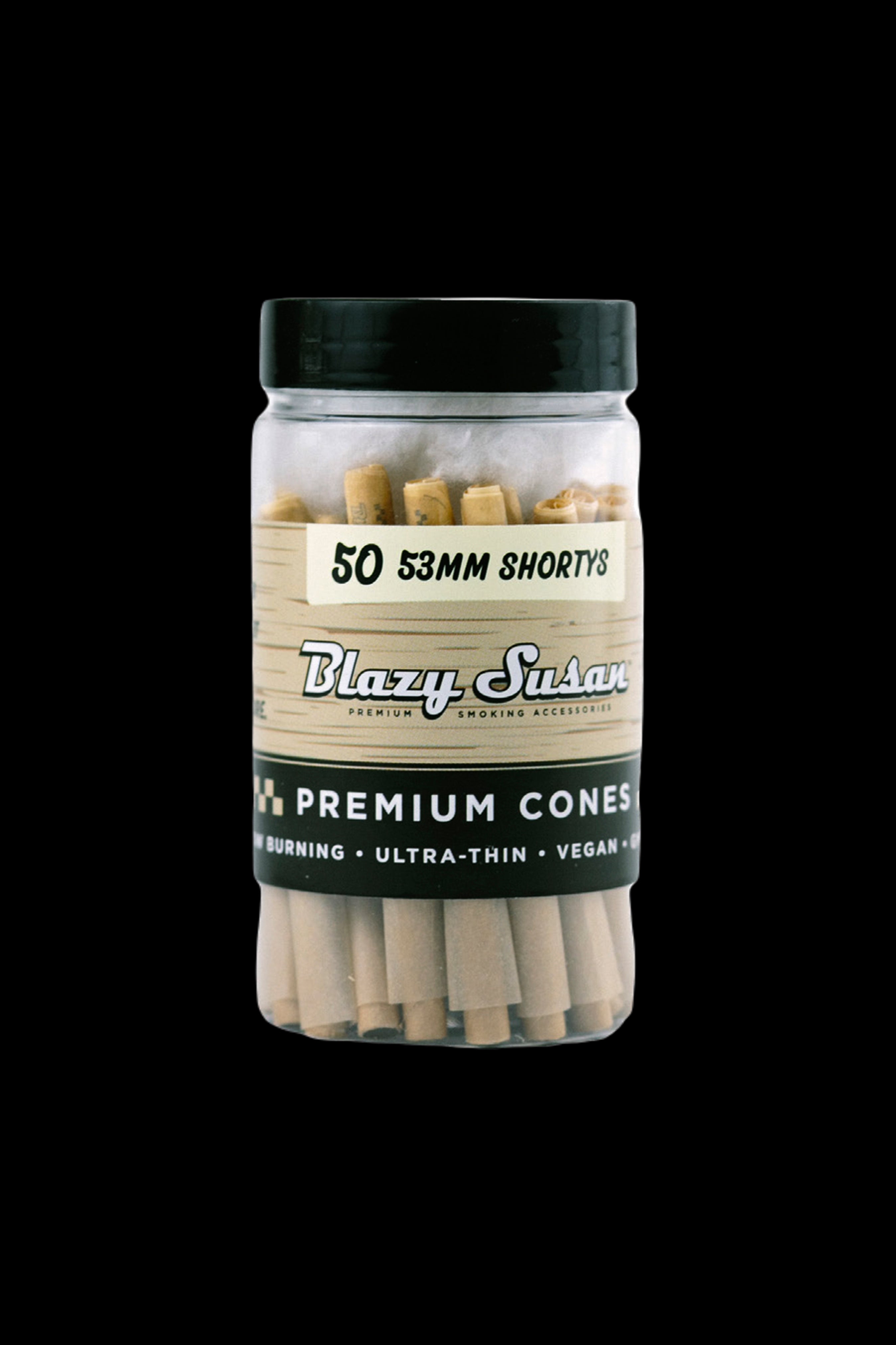 Clear plastic jar filled with 50mm “Blazy Susan” premium vegan cones for smoking.