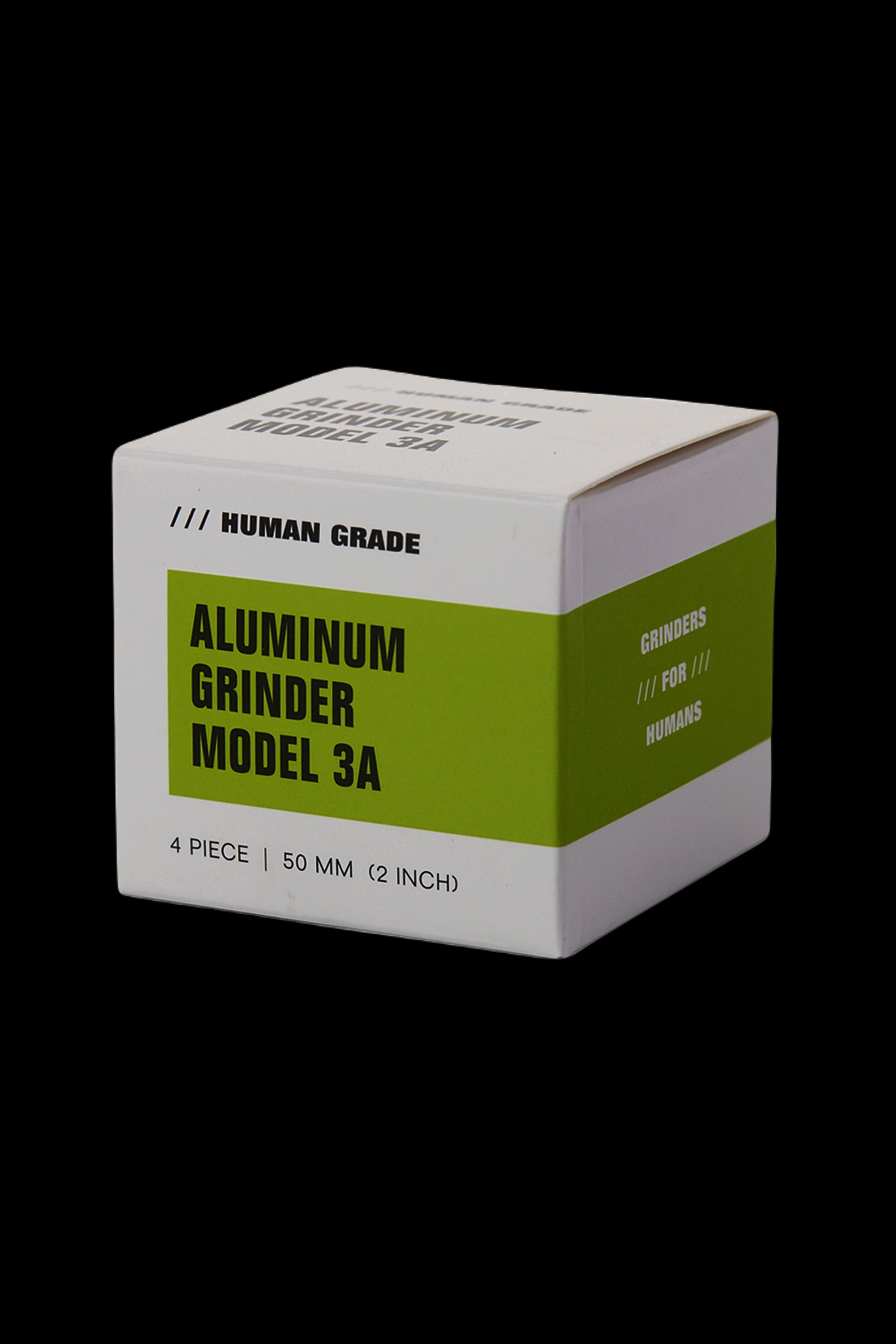 Olive green aluminum cannabis grinder box with text reading "Aluminum Grinder Model 3A" and "Grinders /// For /// Humans".