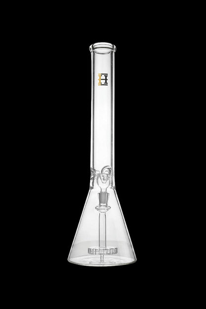 Clear glass bong with ice catch and branded label.