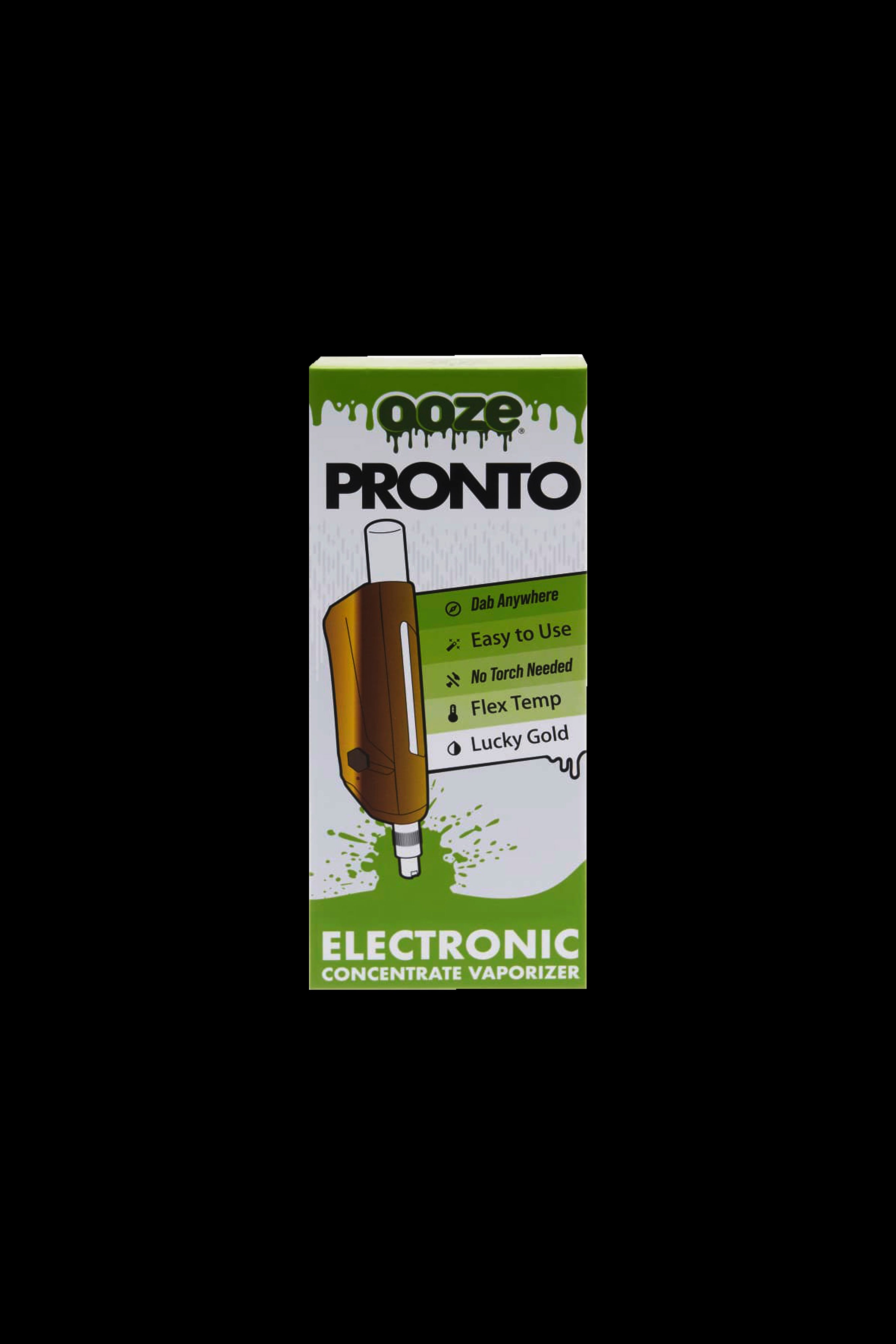 Boxed electronic cannabis concentrate vaporizer labeled “Pooze Pronto” with features listed.
