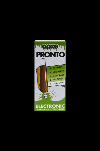 Boxed electronic cannabis concentrate vaporizer labeled “Pooze Pronto” with features listed.