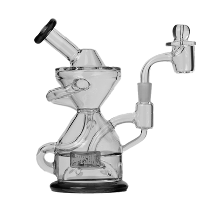 Tyson 2.0 Knockout Dab Rig: Black glass rig with silicone container, carb cap & dab tool for concentrated cannabis use.