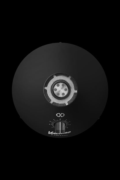 Black cannabis vaporizer device with digital display and control dial.