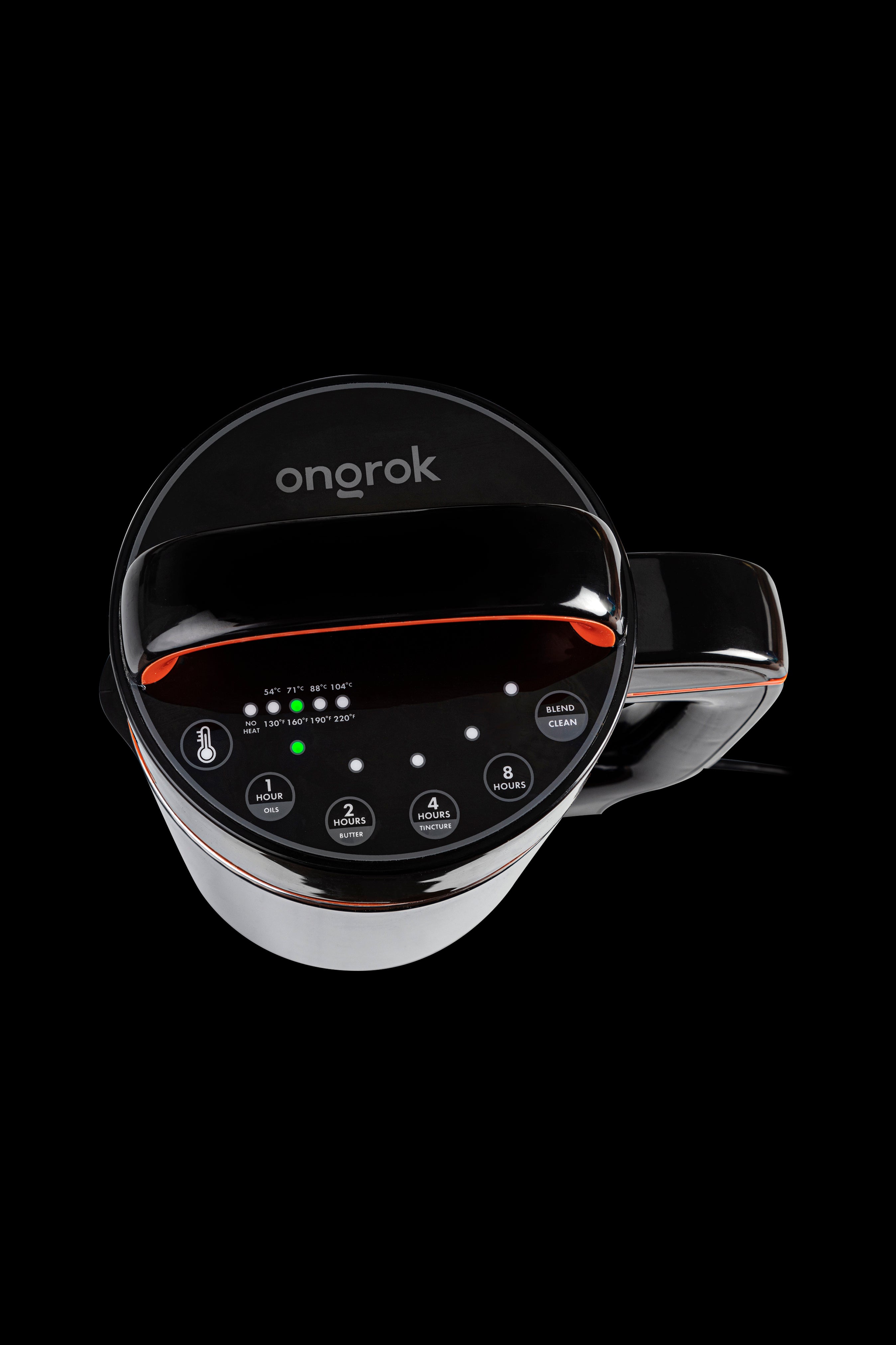 Ongek cannabis infusion appliance with digital temperature and time settings for oil, butter, and tincture production, isolated on a black background.