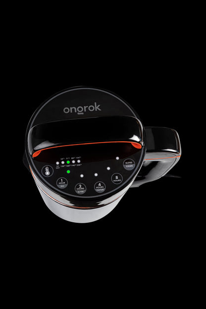 Ongek cannabis infusion appliance with digital temperature and time settings for oil, butter, and tincture production, isolated on a black background.