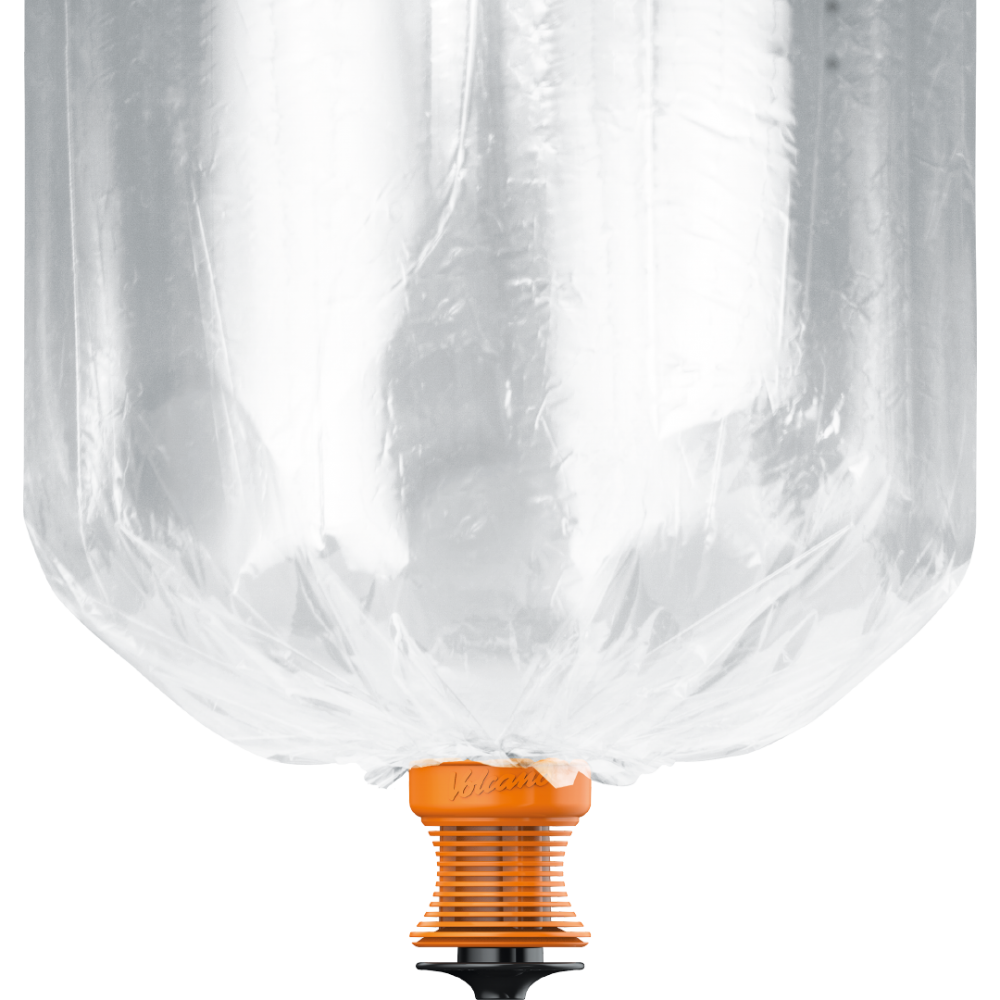 A transparent, balloon-like cannabis vaporizer bag inflated and attached to an orange, ribbed base with a black mouthpiece.