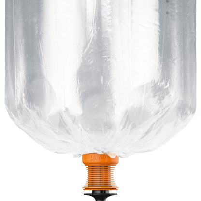 A transparent, balloon-like cannabis vaporizer bag inflated and attached to an orange, ribbed base with a black mouthpiece.
