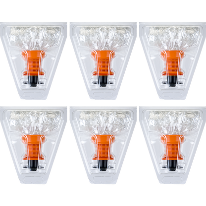 Six clear, triangular cannabis storage containers filled with dried flower and an orange scent booster.