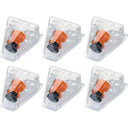 Six packaged cannabis vape cartridges with orange accents on a white background.