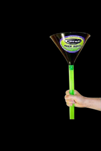 A handheld, angled view of the Head Rush 1 Hose Beer Bong Funnel, showing its simple, plastic construction.
