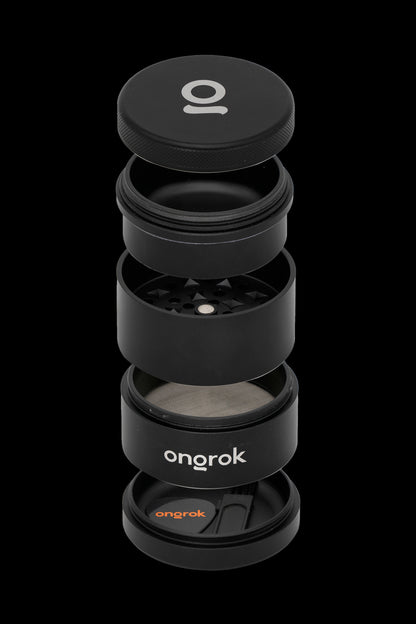 Black cannabis grinder with multiple stacked sections, branded "onorok" in orange and white.