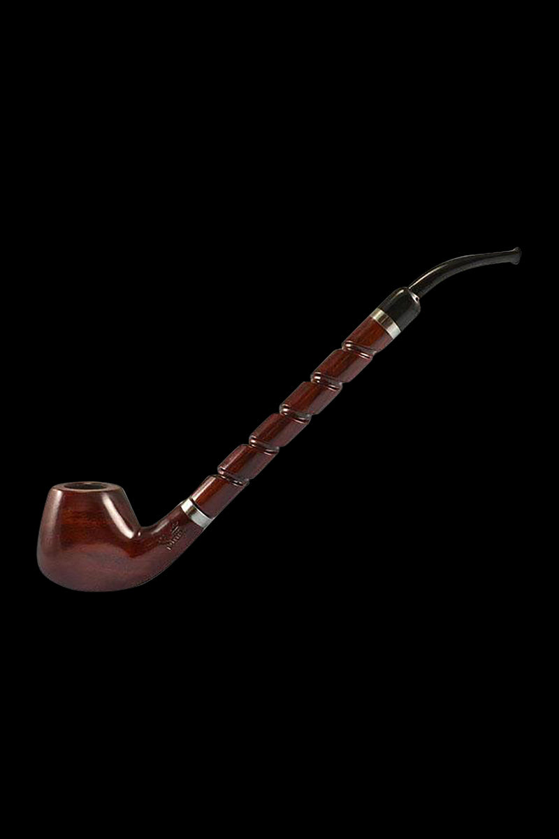 A side view of the Shire Pipes Bent Brandy Sherlock Pipe, showcasing its curved bowl and polished wooden finish.