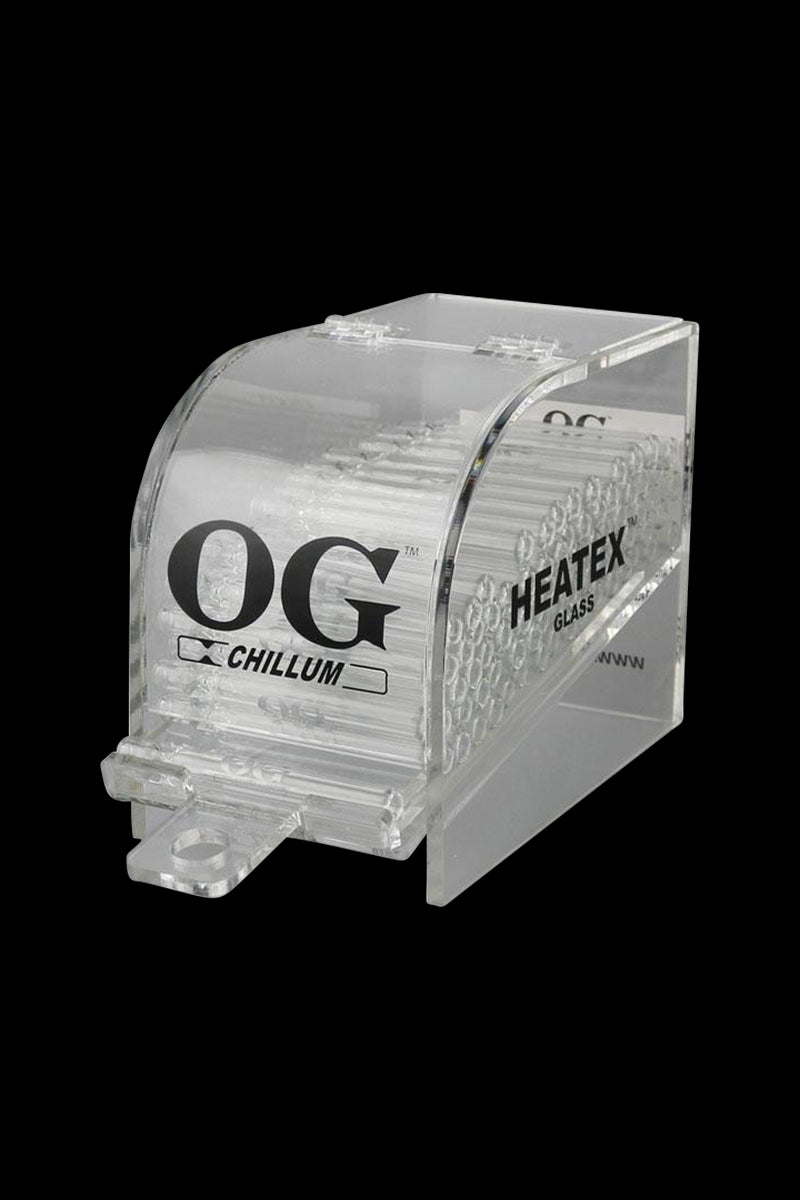 A close-up, angled view of the Og Chillum Tobacco Tasters – 100 Pack, showing a stack of clear plastic tasters.