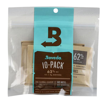 A close-up of the Boveda 62% Humidity Control Pack- 10 Piece Display, showing a blue and white retail package with bold branding.