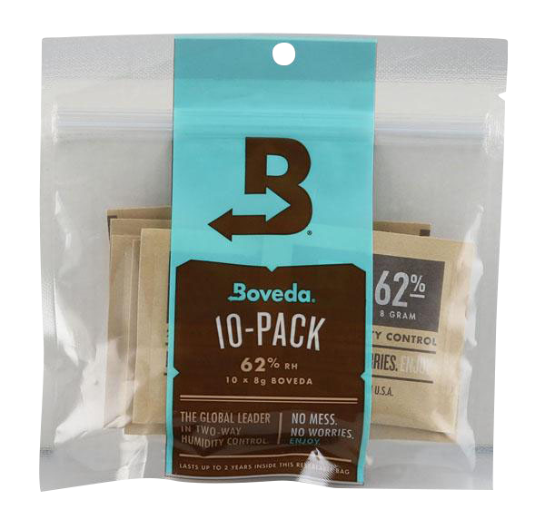 A close-up of the Boveda 62% Humidity Control Pack- 10 Piece Display, showing a blue and white retail package with bold branding.