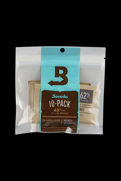 A close-up, angled view of the Boveda 62% Humidity Control Pack- 10 Piece Display, featuring a stacked arrangement of small, branded packets.