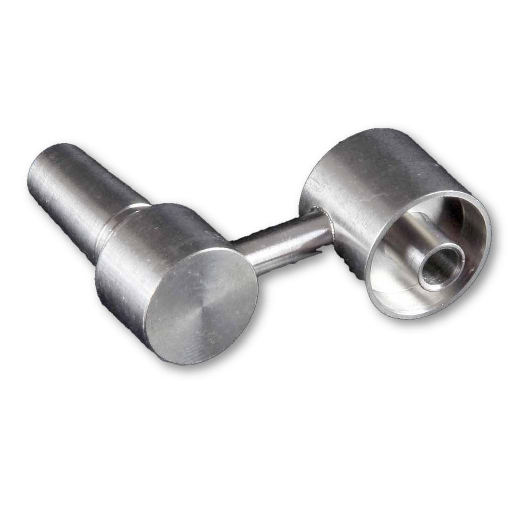 A close-up, angled view of the 10mm Male Sidearm Style Domeless Titanium Nail, showcasing its metallic sheen and cylindrical form.