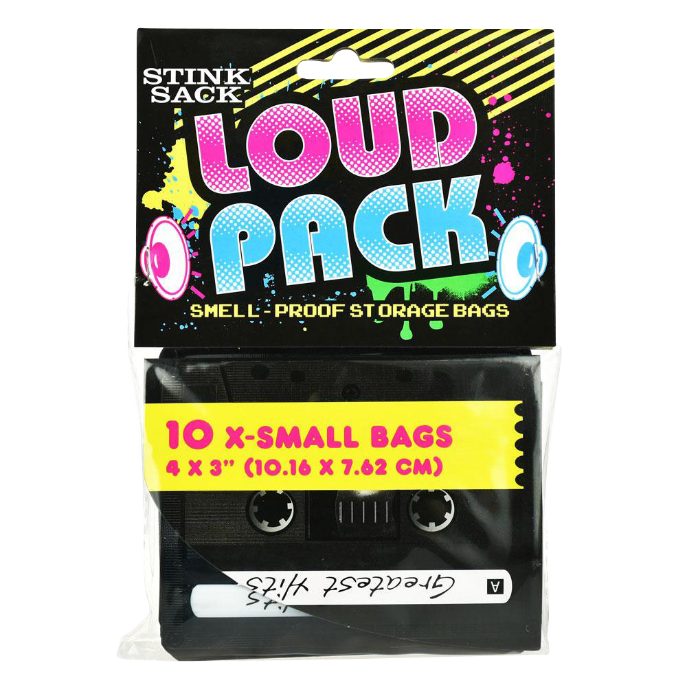 Front view of the “Stink Sack Loud Pack Smell-Proof Storage Bags - 10 Pack” packaging with bold text on a vibrant, patterned background.