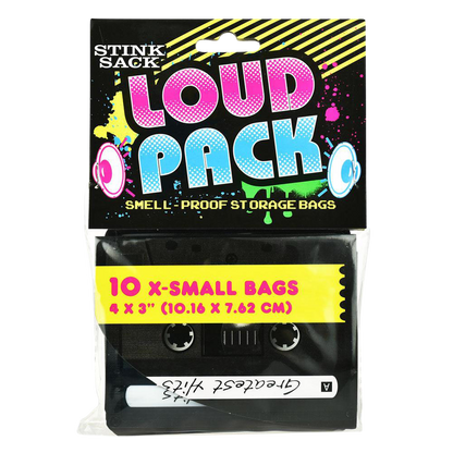 Front view of the “Stink Sack Loud Pack Smell-Proof Storage Bags - 10 Pack” packaging with bold text on a vibrant, patterned background.