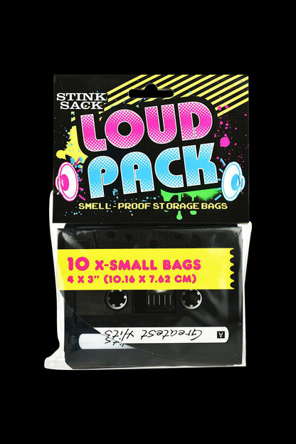 Front view of the Stink Sack Loud Pack Smell-Proof Storage Bags - 10 Pack, showcasing vibrant text on a black and white patterned pouch.