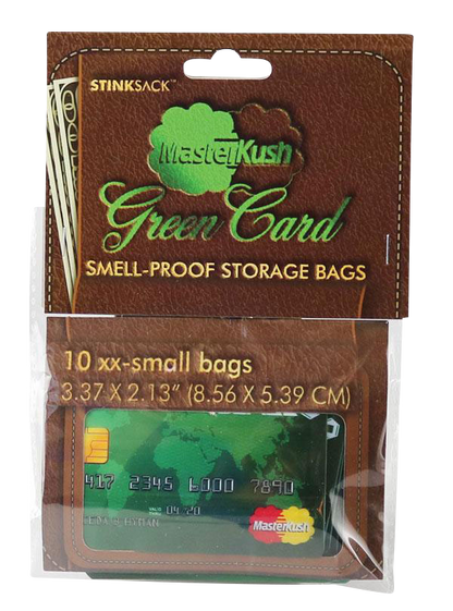 Front view of the “Stink Sack MasterKush” Storage Bags, a translucent, sealed plastic package with bold green lettering.