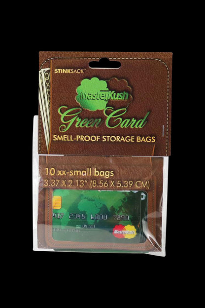 Front view of the “Stink Sack MasterKush” Storage Bags, a clear plastic pack displaying its branding against a plain background.