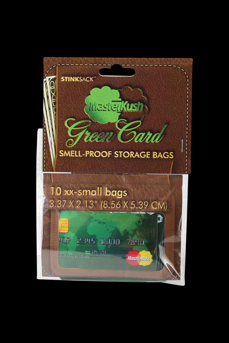 Front view of the “Stink Sack MasterKush” Storage Bags, a clear plastic pack displaying its branding against a plain background.