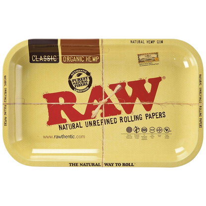 Overhead view of the RAW Aluminum High Sided Rolling Tray, displaying its silver surface with branded text and a slight curve.