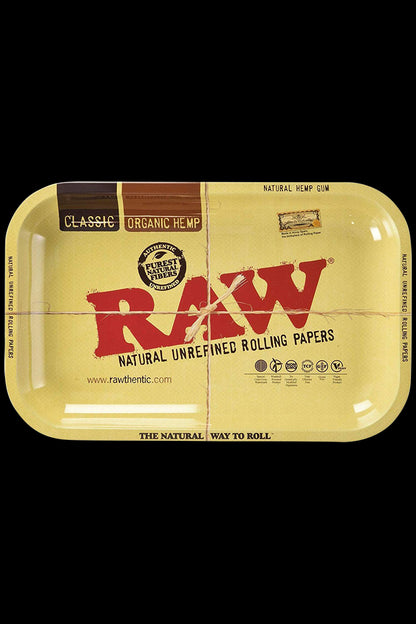 The RAW Aluminum High Sided Rolling Tray is pictured from above, displaying a rectangular tray with branding and a textured surface.