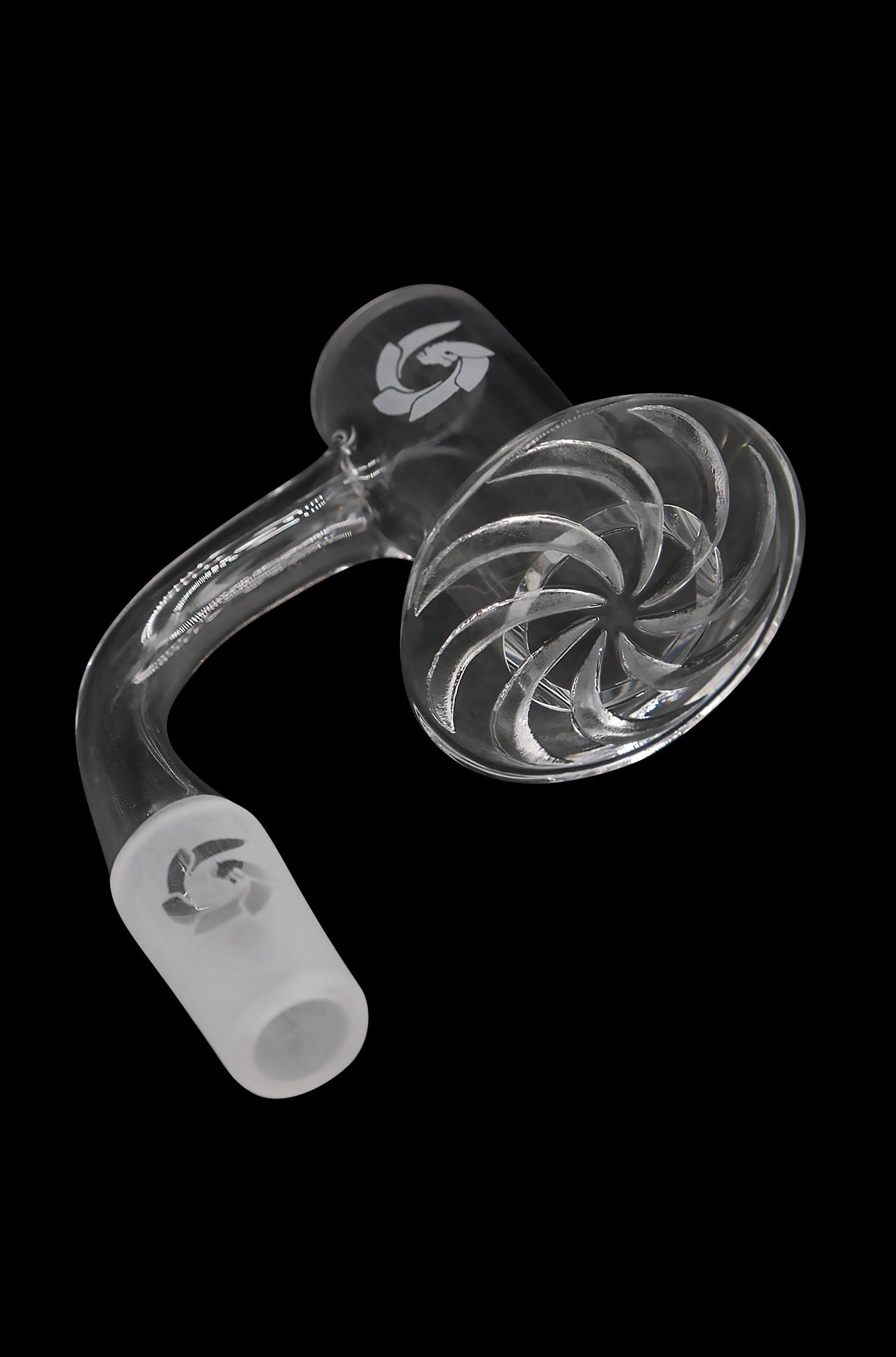 Clear glass dab rig with swirling patterned bowl and frosted joint.