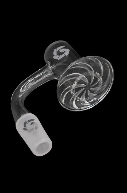 Clear glass dab rig with swirling patterned bowl and frosted joint.