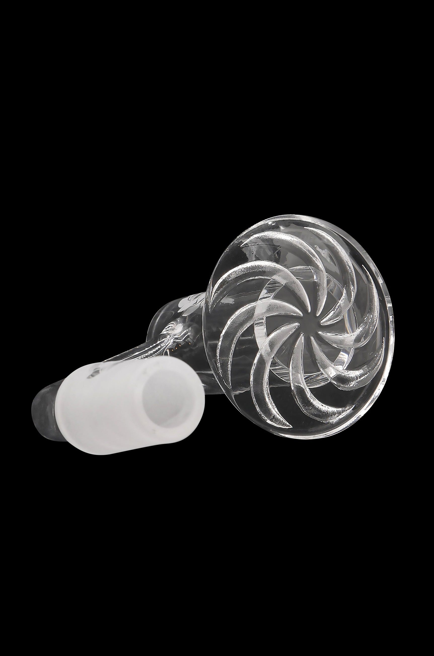 Clear glass cannabis oil rig with a white mouthpiece.