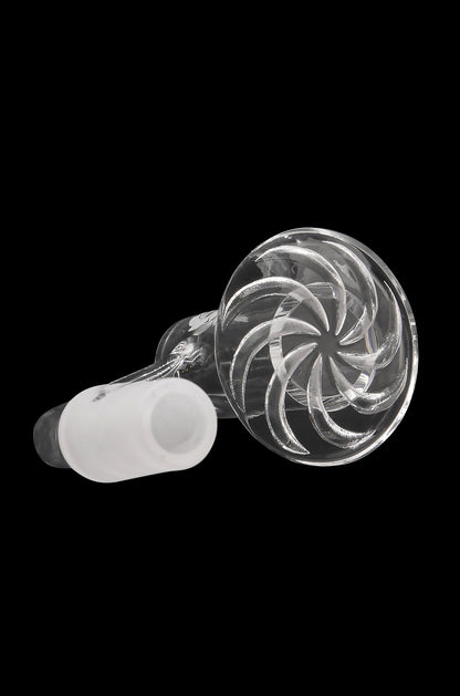 Clear glass cannabis oil rig with a white mouthpiece.