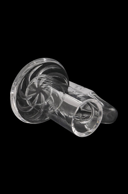 Clear glass cannabis pipe with intricate swirling pattern.