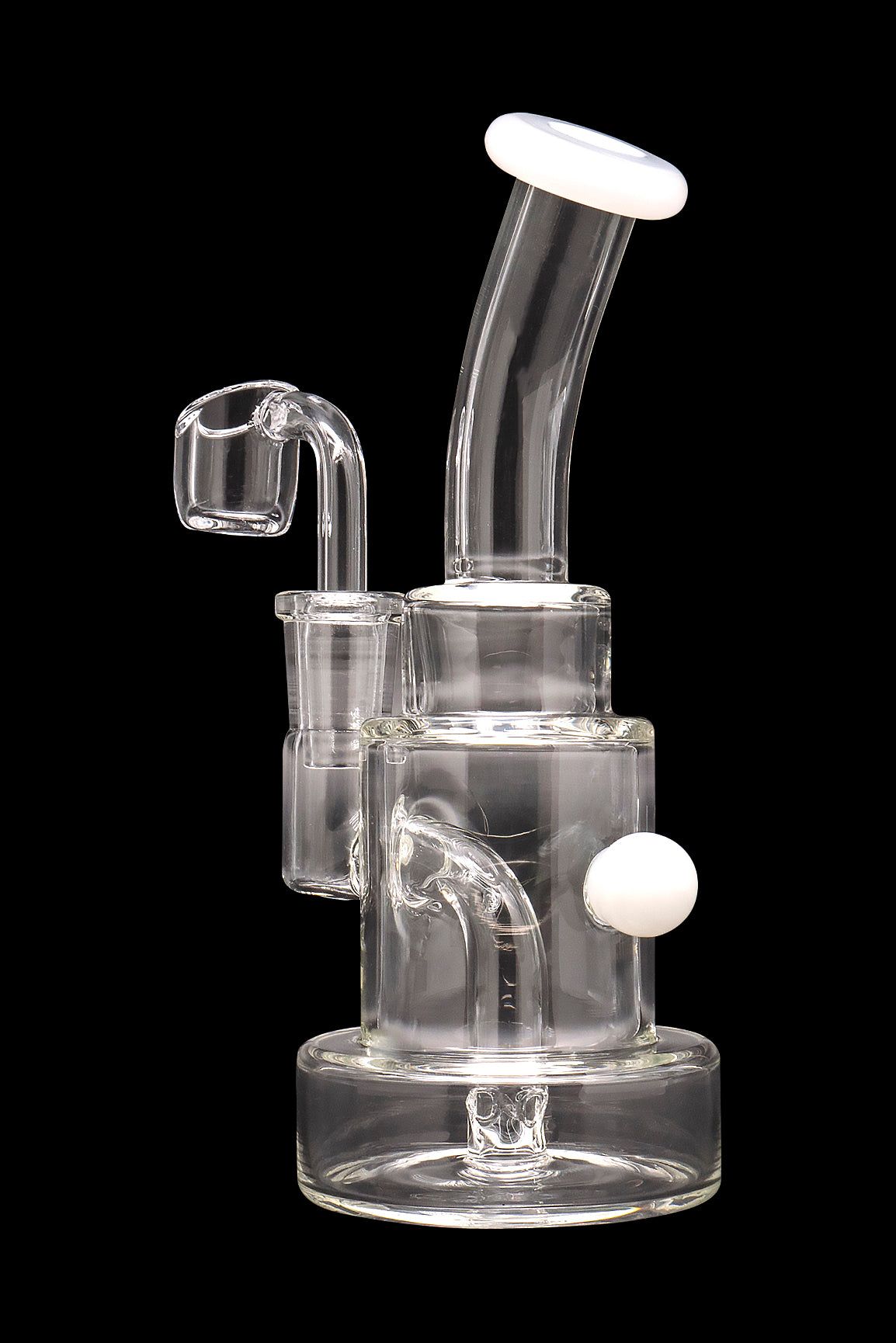 Clear glass dab rig with a quartz banger and pearl, isolated on a black background.
