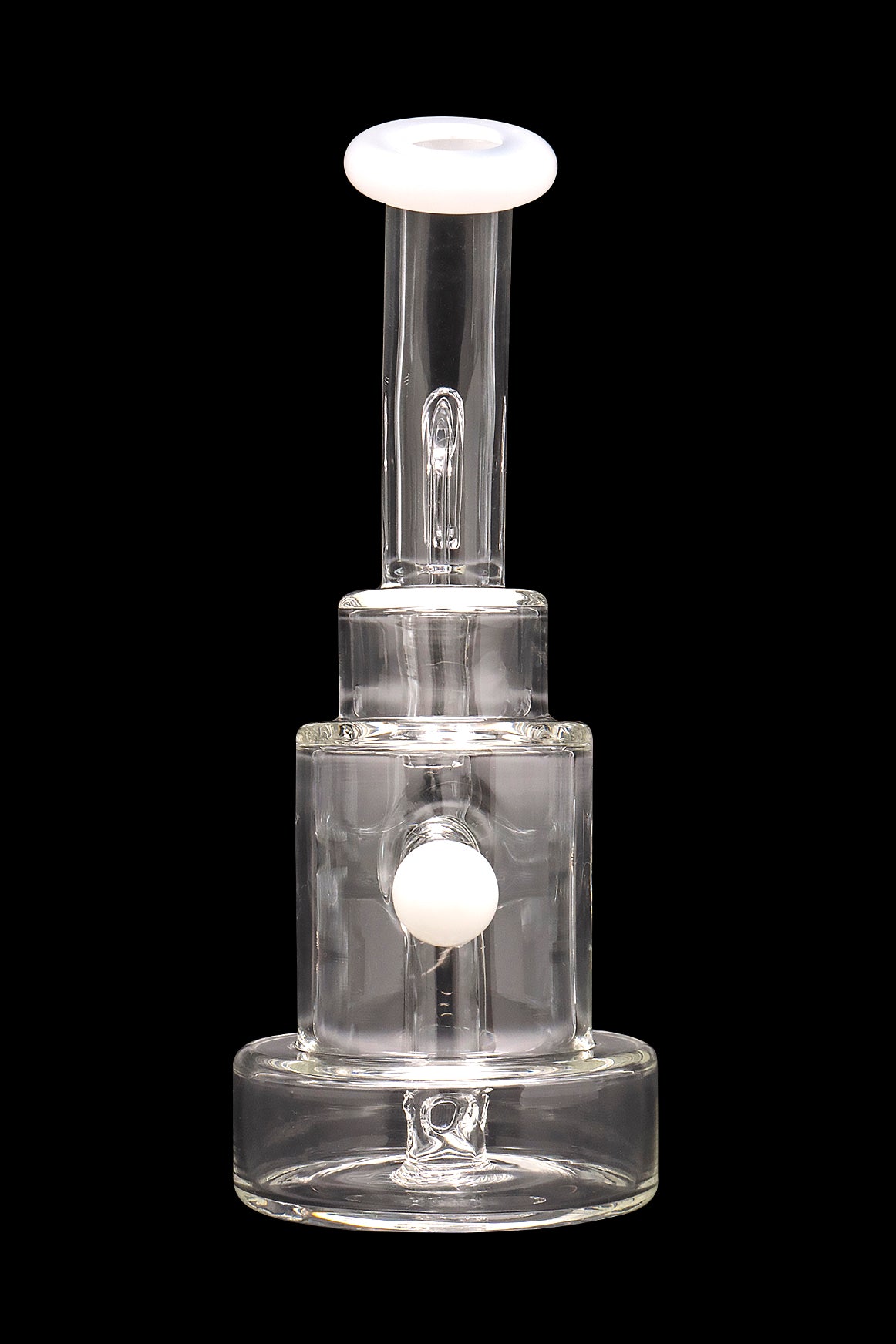 Clear glass rig with bubbler and downstem, isolated on a black background.